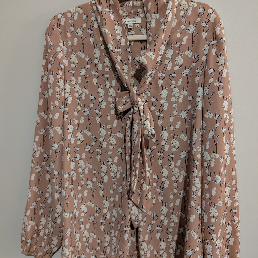Max Studio Floral Tie-Neck Blouse - Cream and Tan